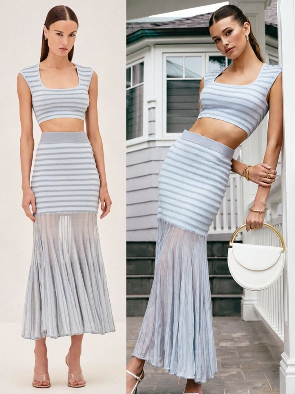 Alexis Emille Franki SET Powder Blue Knit Two Piece Cropped Top & Skirt Size XS